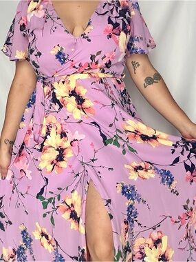 New York & Company Lilac Floral Wrap Maxi Dress with Belt